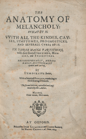 Lot 1519, Auction  125, Burton, Robert, The Anatomy of Melancholy. The second edition. Oxford 1624. - Zweite Auflage