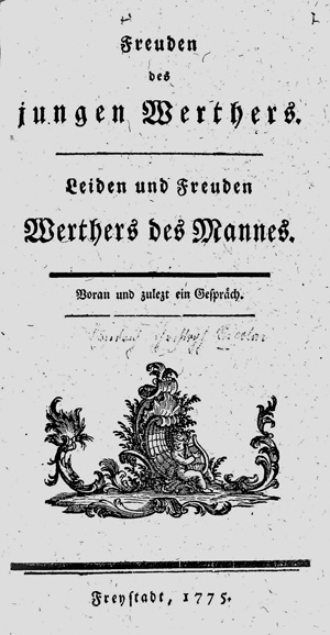 Lot 1584, Auction  125, Goethe, Johann Wolfgang von, Sammelband mit 6 frühen deutschen, anonym erschienenen Wertheriaden von 1775. Verschiedene verlage um 1775.