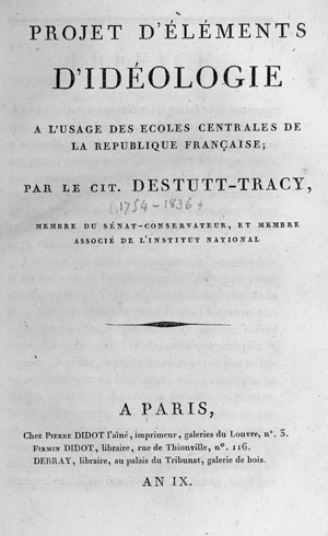 Lot 1764, Auction  125, Destutt de Tracy, Antoine Louis Claude, Projet d'éléments d'idéologie. Paris, Didot, "An IX" (1801