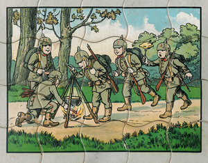 Lot 1832, Auction  125, Wir spielen Krieg, Patriotisch-militaristische Früherziehung in Bilderbuch mit dem Puzzle-Spiel. Mainz, Scholz, um 1918