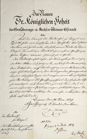 Lot 2016, Auction  125, Goethe-Kreis.- Conta, Carl von, Brief als Landesdirektor an den Stadtrat von Bürgel. 1839
