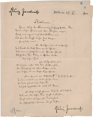 Lot 2029, Auction  125, Jacobowski, Ludwig, Eigenhändiges Gedicht mit Unterschrift. 1900 