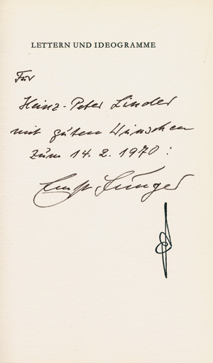 Los 3178 - Jünger, Ernst - Lettern und Ideogramme. Olten-Trimmbach, 1970. - 500 Exemplare. Mit Widmung - 0 - thumb