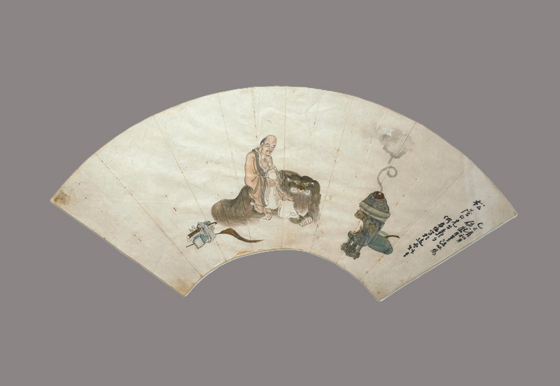 Lot 604, Auction  125, Uchiwa-e, Rastender Pilger. Japanische Federzeichnung mit farbiger Aquarellierung auf Papier