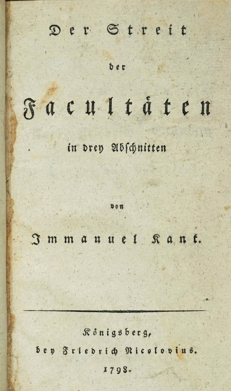 Lot 1778, Auction  125, Kant, Immanuel, Der Streit der Facultäten in drey Abschnitten. Königsberg, F. Nicolovius, 1798