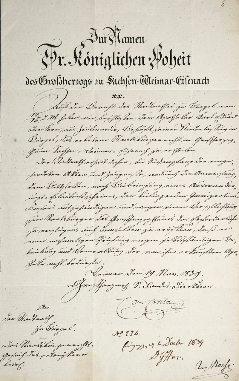Lot 2016, Auction  125, Goethe-Kreis.- Conta, Carl von, Brief als Landesdirektor an den Stadtrat von Bürgel. 1839