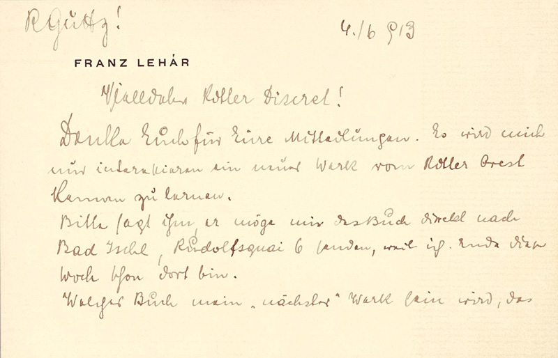 Lot 2164, Auction  125, Lehár, Franz, Briefkarte an ein Mitglied eines Geheimbundes. 1913