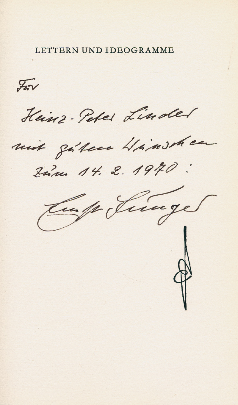 Lot 3178, Auction  125, Jünger, Ernst, Lettern und Ideogramme. Olten-Trimmbach, 1970. - 500 Exemplare. Mit Widmung