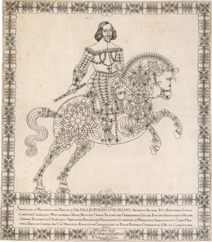 Lot 5258, Auction  126, Widemann, Elias, Schreibmeisterblatt mit dem Bildnis Erzherzoges Leopold Wilhelm zu Pferd