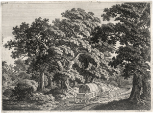 Lot 5601, Auction  126, Kolbe, Carl Wilhelm, Waldgegend: Auf einem Weg vorn ein Planwagen mit zwei Pferden