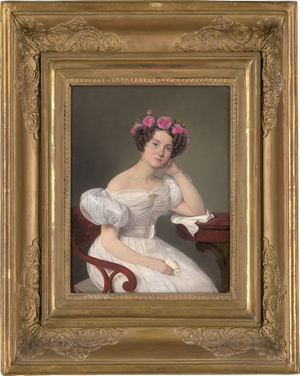 Lot 6059, Auction  126, Dänisch, um 1830. Bildnis einer jungen Frau im weißen Kleid mit einem Haarkranz aus rosa Rosen