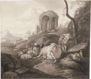 Lot 6609, Auction  126, Morgenstern, Johann Friedrich, Hügelige Landschaft mit einer Herde und schlafendem Hirten bei einer Ruine
