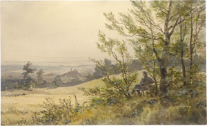 Lot 6686, Auction  126, Wucherer, Fritz, Rastender Spaziergänger auf einer Bank, mit Blick von der die Taunushöhe auf Burg Kronberg