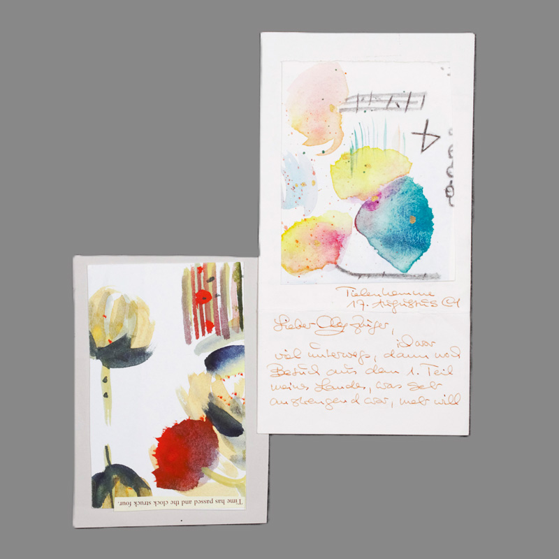 Lot 2614, Auction  126, Kirsch, Sarah, 2 Briefkarten mit Aquarellen. 1991 