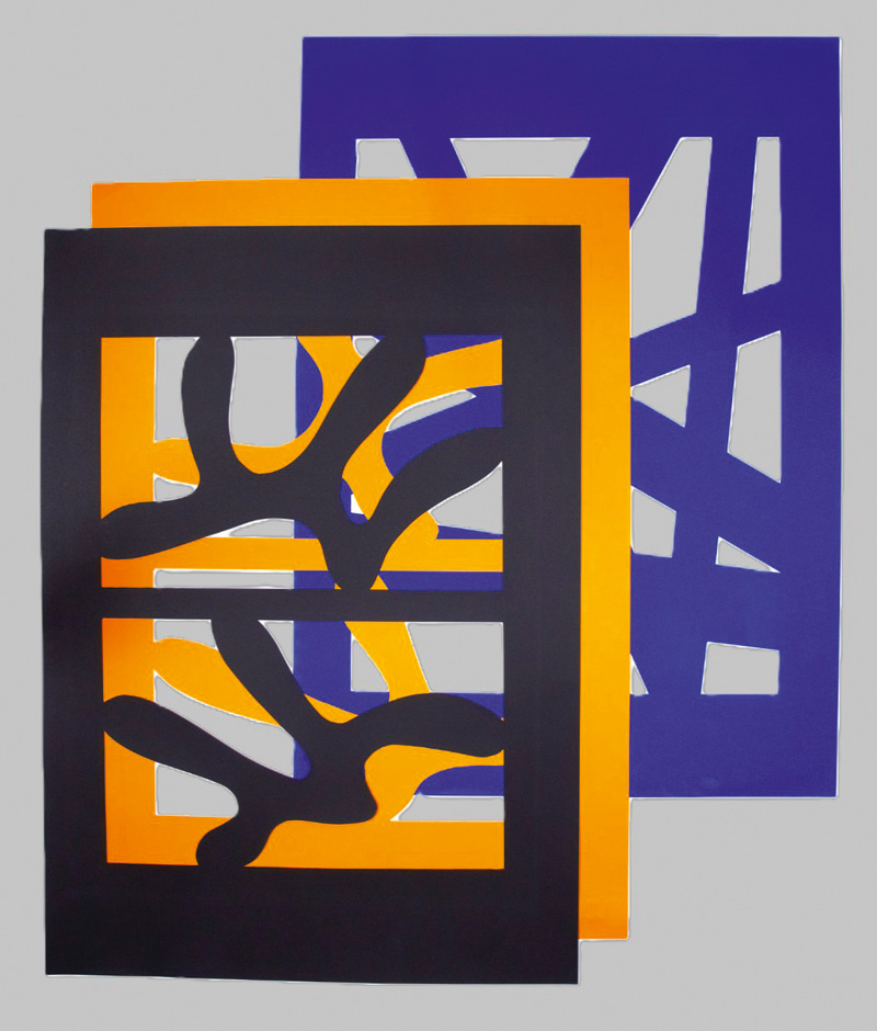 Lot 3169, Auction  126, Iizuka, Hashiro, 5 abstrakte großformatige Scherenschnitte in Blau, Gelb und Schwarz