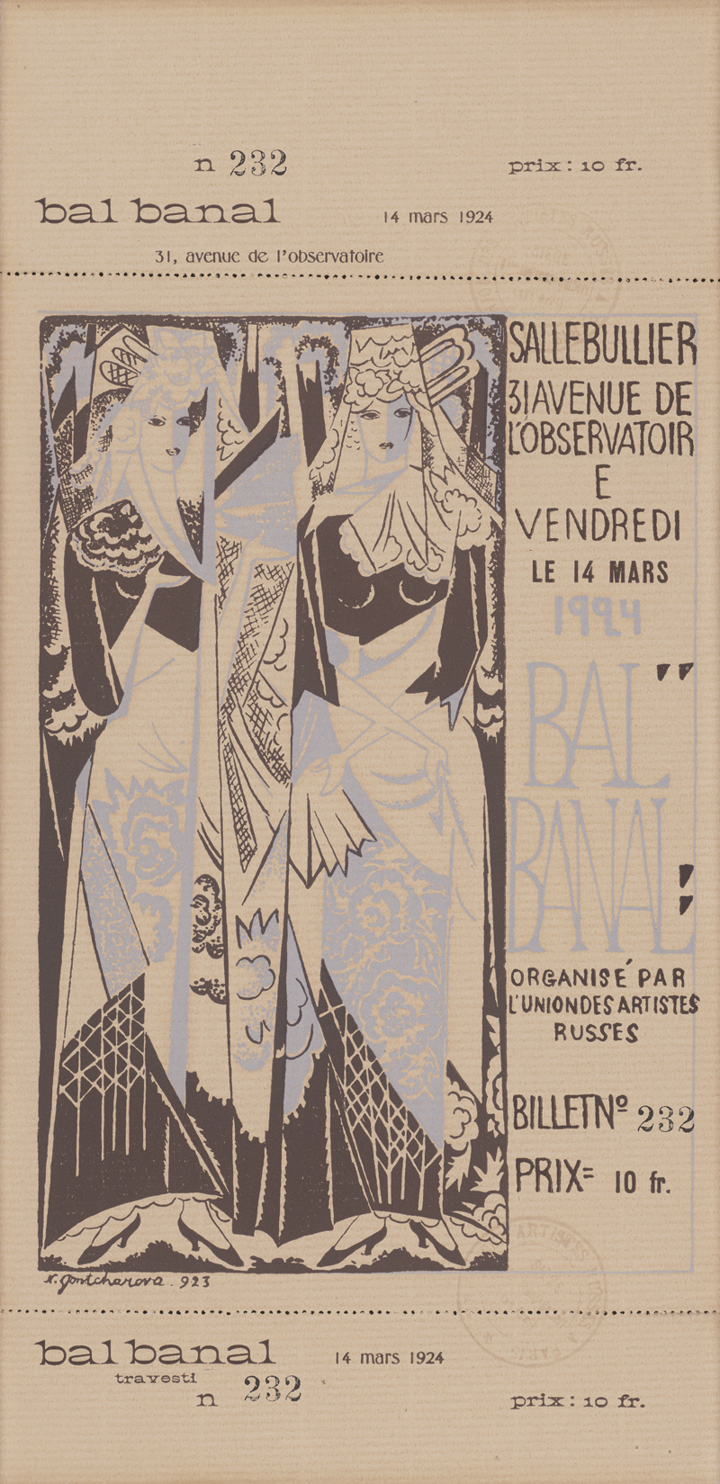 Lot 5423, Auction 126, Gontscharowa, Natalja, Eintrittsbillett für den Pariser "Bal Banal" 1924