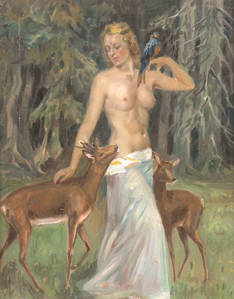 Lot 6223, Auction 126, Unger, Hans, Weiblicher Halbakt mit Rotwild und Papagei