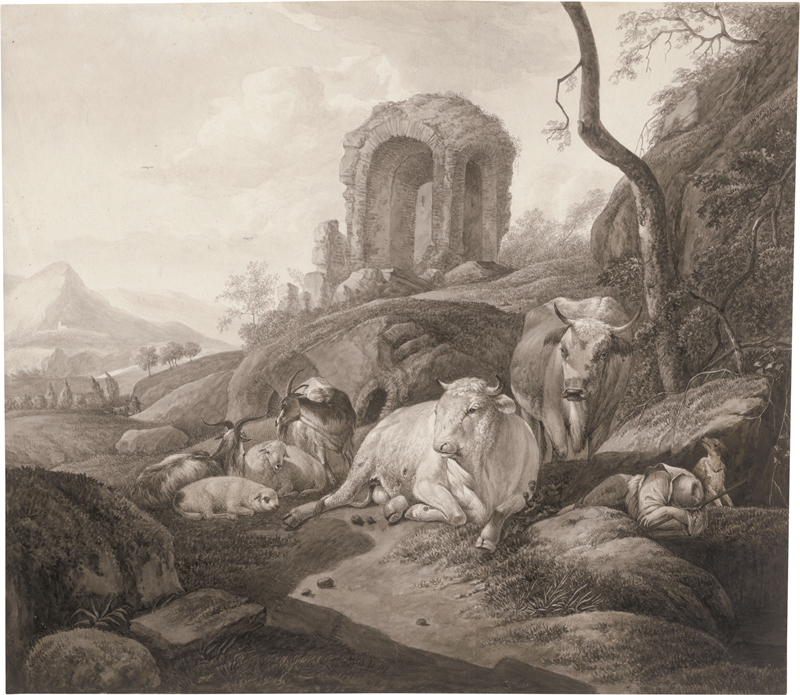 Lot 6609, Auction  126, Morgenstern, Johann Friedrich, Hügelige Landschaft mit einer Herde und schlafendem Hirten bei einer Ruine