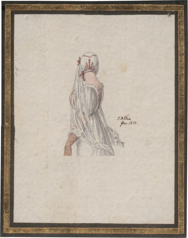 Lot 6619, Auction  126, Klein, Johann Adam, Kostümstudie einer jungen Frau in Rückenansicht mit Haube, Schleier und Handschuhen