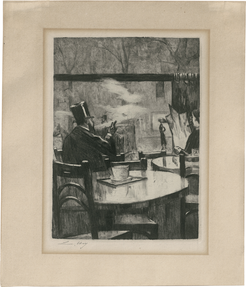 Lot 7026, Auction 126, Ury, Lesser, Herr mit Zylinder vor einem Kaffeehausfenster - in Rückenansicht