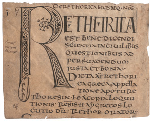 Lot 1001, Auction  127, Rhetorica, De retorica eiusdemque nomen". Incipit-Fragment einer lateinischen Handschrift auf Pergament. 