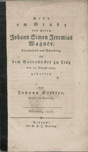 Lot 2159, Auction  127, Steller, Johann, Rede am Grabe des Herrn Johannes Simon Jeremias Wagner