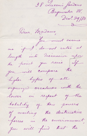 Lot 2573, Auction  127, Spencer, Herbert, Brief über seine Evolutionstheorie. 1880