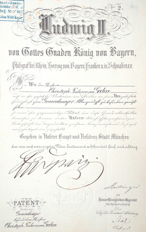Lot 2581, Auction  127, Bayern., Urkunde: Patent als Generalmajor für Oberst von Godin. 1885