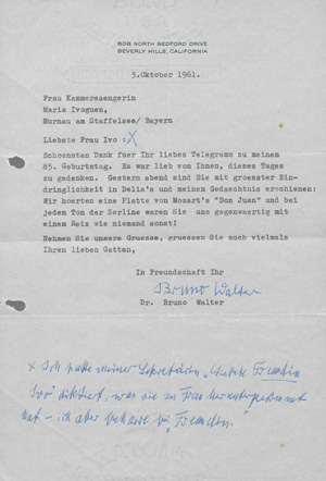 Los 2659 - Walter, Bruno - Brief an die Sängerin Maria Ivogün in Murnau. 1961 - 0 - thumb