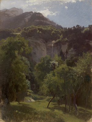 Lot 6098, Auction  127, Zünd, Robert, Sommerliches Tal in den Schweizer Alpen mit kleinem Wasserfall