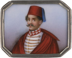 Lot 6307, Auction  127, Kontinentaleuropa, Mitte 19. Jh. Portrait eines türkischen Offiziers mit Fes und rotem Umhang über der weißen Uniformjacke