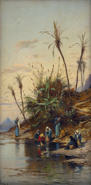 Lot 6354, Auction  127, Corrodi, Hermann David Solomon, Wasserträgerinnen am Nilufer bei den Pyramiden von Gizeh