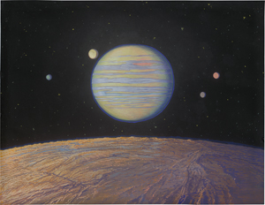 Lot 6479, Auction  127, Kranz, Wilhelm, Idealansicht des Jupiter mit seinen vier Galileischen Monden von der Oberfläche des Mondes Amalthea aus gesehen