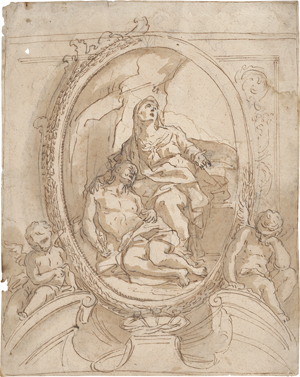 Lot 6507, Auction  127, Oberitalienisch, 17. Jh. Entwurf für ein Aufsatzbild mit der Pietà, gehalten von zwei trauernden Putti