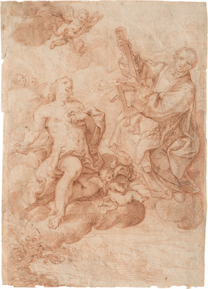 Lot 6513, Auction  127, Römisch, 17. Jh. Die hll. Laurentius und Sebastian auf Wolken, umgeben von Putti