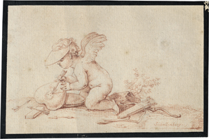 Lot 6557, Auction  127, Schellenberg, Johann Rudolf, Amor mit Schirmmütze graviert ein Bildnis auf ein Herz