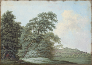 Los 6562 - Deutsch - um 1760. Hügelige Landschaft mit zwei Holzfällern: Flusslandschaft mit Paar am Ufer - 1 - thumb