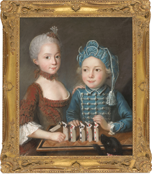 Lot 6568, Auction  127, Französisch, um 1770. Kinderbildnis mit einem Geschwisterpaar und ihrem Hund beim Spiel mit Karten