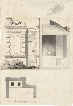 Lot 6608, Auction  127, Deutsch oder Niederländisch, um 1800. Entwürfe zu einem Küchengebäude in Gestalt einer künstlichen Ruine