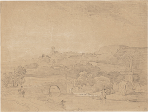 Lot 6663, Auction  127, Schirmer, Johann Wilhelm, Flusslandschaft mit kleiner Burg, im Vordergrund ein Dorf mit Windmühle