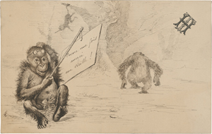 Lot 6738, Auction  127, Französisch, 19. Jh. . Kleiner Orang-Utan mit Brille, ein Schild mit Danbksagung haltend