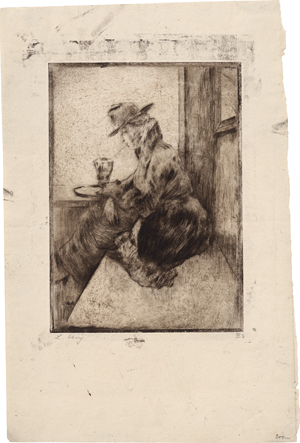 Lot 7014, Auction  127, Ury, Lesser, Dame im Kaffee mit aufgestütztem Arm vor leerem Glas