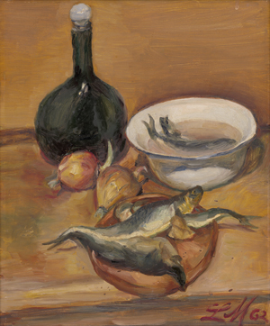 Lot 7143, Auction  127, Meidner, Ludwig, Stilleben mit Heringen, Flasche und Zwiebeln