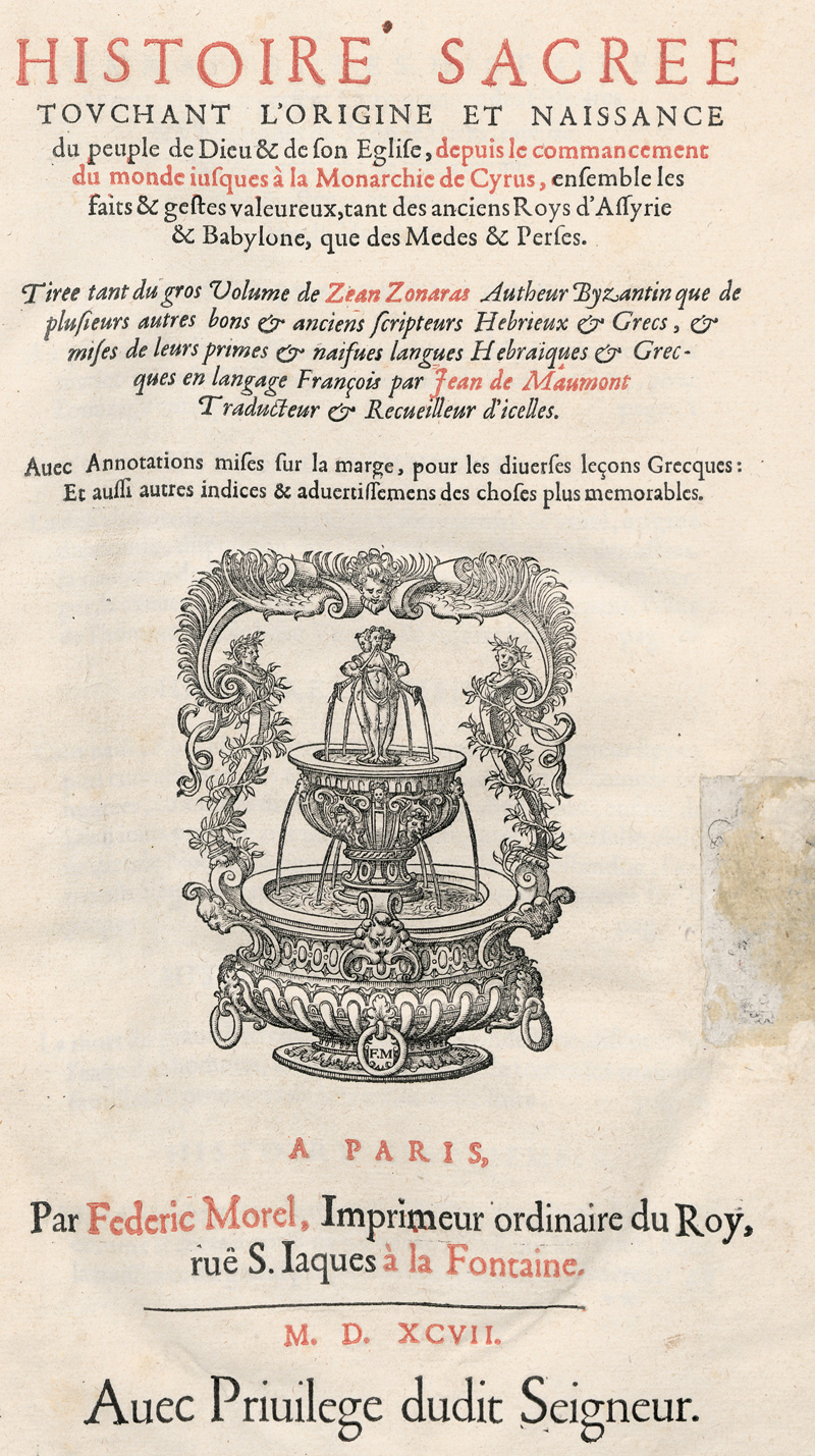 Lot 1216, Auction  127, Zonoras, Johannes, Histoire sacrée touchant l'origine et naissance du peuple de dieu & de son  eglise