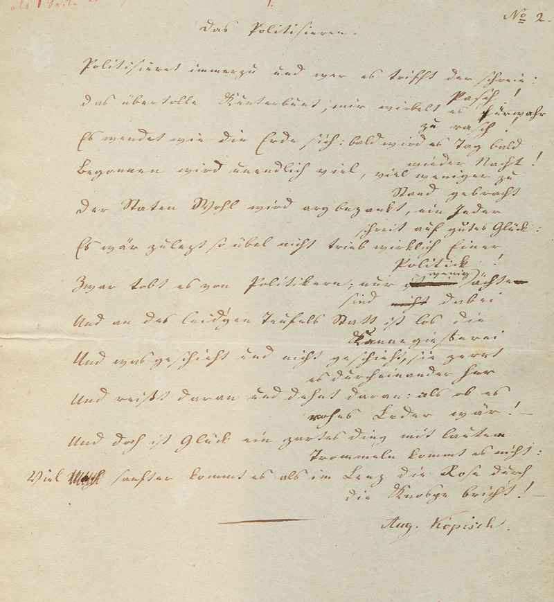 Lot 2526, Auction  127, Kopisch, August, Signiertes Gedichtmanuskript "Das Politisieren". 1833