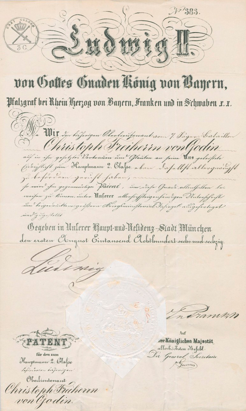 Lot 2580, Auction  127, Bayern., Urkunde: Patent als Hauptmann 2. Classe.1866
