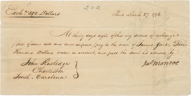 Lot 2600, Auction  127, Monroe, James, Handschriftlicher Scheck (Wechsel). 1796