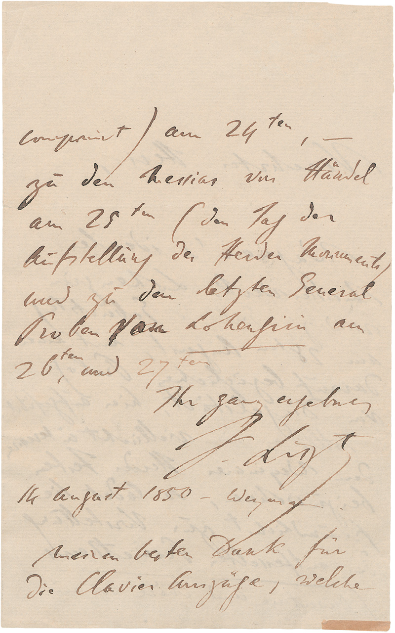 Lot 2637, Auction  127, Liszt, Franz, Brief mit Einladung zur Lohengrin-Uraufführung und zu Herder-Festlichkeiten. 1850