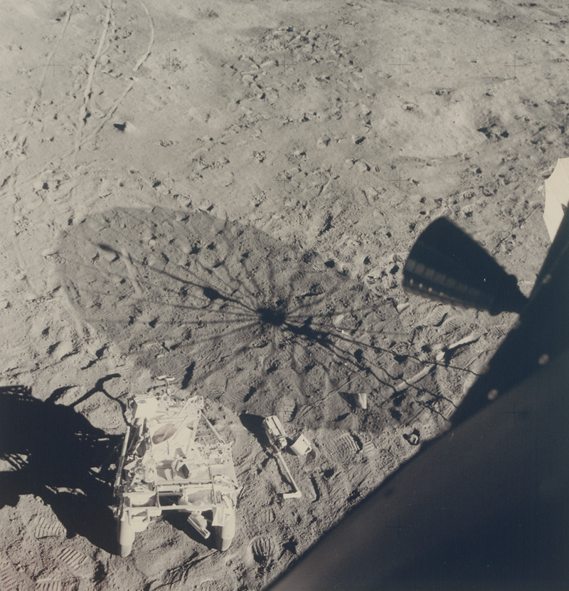 Lot 4244, Auction 127, NASA, View of Modular Equipment Transporter on the lunar surface taken from inside the Lunar Module, Apollo 14