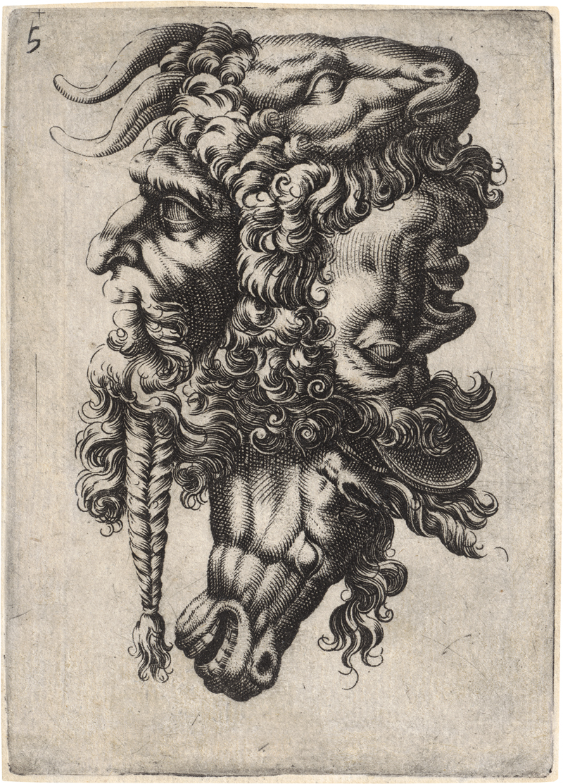 Lot 5148, Auction  127, Maglioli, Giovanni Andrea, Vexierbild aus den Köpfen von Männern, einer Ziege und einem Pferd